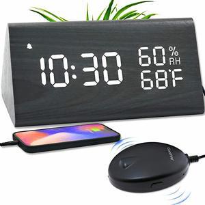 CoolFire Wooden Vibrating Alarm Clock for Heavy Sleepers Adults, Loud Alarm Clock for Heavy Sleepers, Bed Shaker Alarm Clock, Smart Alarm Clock, Digital Alarm Clock, Bedroom Decorations (Black)