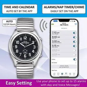 FIVE SENSES - Bluetooth Atomic Talking Watch for Visually Impaired - App Controlled 2nd Gen Atomic Wrist Watch for Blind and Seniors with Large Numbers (Model 1739C)