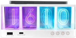 Maximal Power Vintage Glow Alarm Clock Nixie Style with Wireless Charger Station for Smartphones - LED Light Multicolor Number Display - White Base
