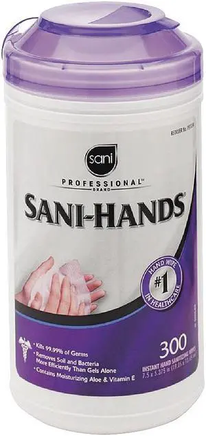 Sani Professional - NIC P92084 - Hands Instant Sanitizing Wipes with Polypropylene, 7 1/2 x 5, 300/Canister, 6/Ct