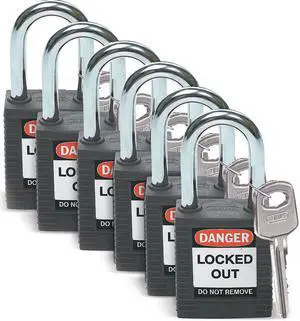 BRADY 51353 Lockout Padlock,KD,Black,1-3/4"H,PK6