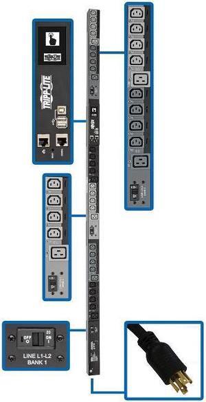 Tripp Lite 10kW 3-Phase Switched PDU, LX Interface, 200 / 208 / 240V Outlets (24 x C13 / 6 x C19), LCD, NEMA L2130P, 10.0 Feet Cord, 0U Height, TAA (PDU3EVSR10L2130)