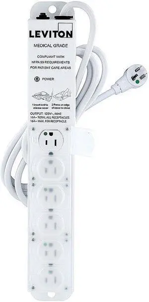 Leviton - 5306M-1N7 - Leviton 5306M-1N7 Power Strip; 6 Outlet, Locking Covers, 15 Amp, 125 Volt, 7 ft 14/3 AWG SJT Cord