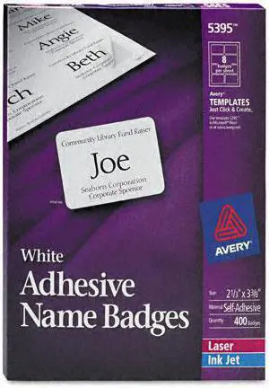 Flexible Adhesive Name Badge Labels, 2 1/3 x 3 3/8, White, 400/BX 5395