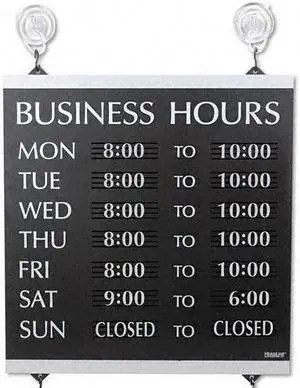 Century Series Business Hours Sign, Heavy-Duty Plastic, 13 x 14, Black