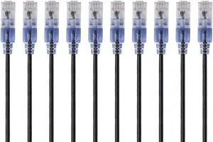Monoprice SlimRun Cat6A Ethernet Patch Cable - Network Internet Cord - RJ45, 550Mhz, UTP, Pure Bare Copper Wire, 10G, 30AWG, 5ft, Black, 10-Pack