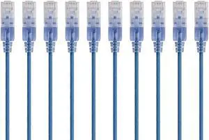 Monoprice SlimRun Cat6A Ethernet Patch Cable - Network Internet Cord - RJ45, 550Mhz, UTP, Pure Bare Copper Wire, 10G, 30AWG, 7ft, Blue, 10-Pack
