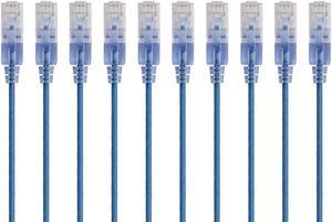 Monoprice SlimRun Cat6A Ethernet Patch Cable - Network Internet Cord - RJ45, 550Mhz, UTP, Pure Bare Copper Wire, 10G, 30AWG, 10ft, Blue, 10-Pack