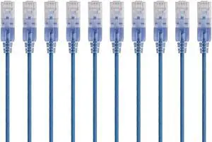 Monoprice SlimRun Cat6A Ethernet Patch Cable - Network Internet Cord - RJ45, Stranded, 550Mhz, UTP, Pure Bare Copper Wire, 10G, 30AWG, 14ft, Blue, 10-Pack
