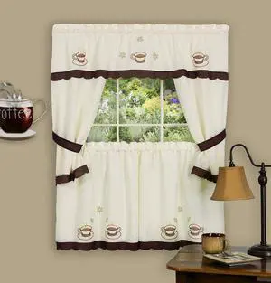 Achim CUCS36BW12 Cuppa Joe Embellished Cottage Set 58 x 36 Tier Pair/58 x 36 Tailored Topper - Brown