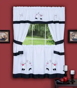 Achim GMCS36BK12 Gourmet Embellished Cottage Set 58 x 36 Tier Pair/58 x 36 Tailored Topper - Black