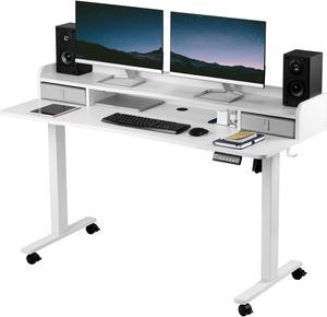 vivo Electric 60x24 Desk with Drawer & Casters, Light Wood Top, White Frame