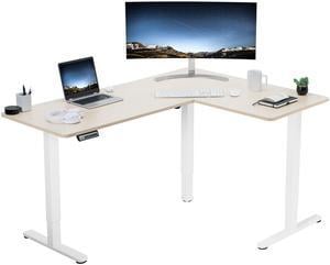 VIVO Light Wood / White Electric 63" x 47" Corner Stand Up Desk, L-Shaped Workstation, DESK-E3CTWC-47