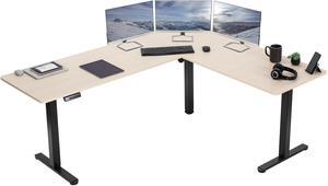 VIVO Light Wood / Black Electric 75" x 63" Corner Stand Up Desk, Height Adjustable L-Shaped Workstation (DESK-E3CTBC-75)
