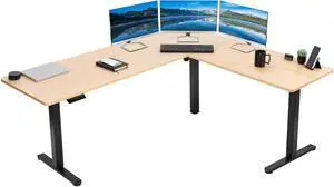 VIVO Bamboo / Black Electric 75" x 63" Corner Desk Workstation