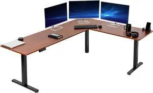 VIVO Dark Walnut / Black Electric 84" x 63" Corner Desk, Height Adjustable L-Shaped Workstation (DESK-E3CTBD-84)