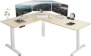VIVO Light Wood / White Electric 63" x 55" Corner Desk, L-Shaped Workstation
