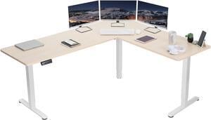 VIVO Light Wood / White Electric 75" x 63" Corner Stand Up Desk, Height Adjustable L-Shaped Workstation (DESK-E3CTC-75)