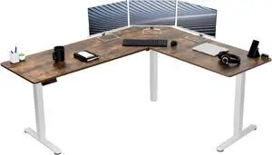 VIVO Electric 75" x 63" Corner Stand Up Desk, L-Shaped Table, Rustic Vintage Brown Top, White Frame (DESK-E3CTWN-75)