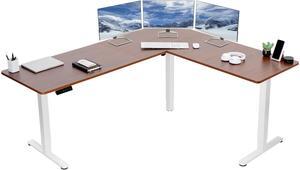 VIVO Dark Walnut / White Electric 75" x 63" Corner Stand Up Desk, Height Adjustable L-Shaped Workstation (DESK-E3CTWD-75)