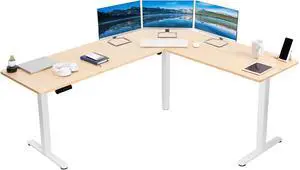 VIVO Bamboo / White Electric 75" x 63" Corner Desk Workstation