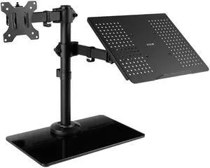 VIVO Black Desk Stand for 1 LCD Monitor up to 32" & 1 Laptop, Freestanding Desktop Stand with Glass Base (STAND-V002FGL)