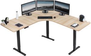 VIVO Light Wood / Black Electric 71" x 71" Curved Corner Stand Up Desk