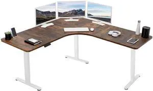 VIVO Rustic Vintage Brown / White Electric 71" x 71" Curved Corner Stand Up Desk