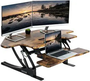 VIVO Corner Standing Height Adjustable Sit to Stand Tabletop Desk Riser, Vintage Brown Top, Black Frame, DESK-V000VCN