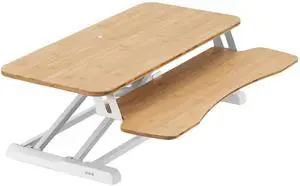 VIVO Bamboo Height Adjustable Standing Desk Riser, 32" Sit Stand Tabletop Workstation, White Frame (DESK-V000KO)