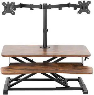 VIVO Vintage Brown/Black 32" Height Adjustable Standing Desk Riser with Dual 13" to 30" Monitor Mount (DESK-V000KN-M2)