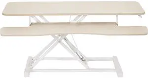 VIVO Adjustable 42" Standing Desk Monitor Riser, Light Wood Top, White Frame