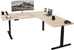 VIVO Electric 77" x 71" Corner Stand Up Desk, Light Wood Table Tops, Black Frame