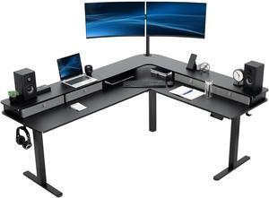 VIVO 2-Tier Electric 75" x 63" Corner Desk, Black Table Top, Black Frame