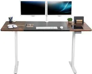 VIVO Electric Dual Motor 71 x 30 Standing Desk, Black & Vintage Brown 3 Part Table Top, White Frame, DESK-KIT-E2W7BN