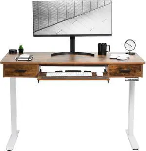 VIVO Electric 55 x 24 Desk with Rear-set Legs, Vintage Brown Top, White Frame