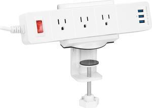 Mount-It! White Power Strip and Clamp Desk Mount | 3 USB and AC Ports