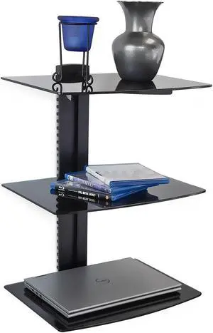 Mount-It! Adjustable Floating Wall Mounted |Three Black Tempered Glass Shelves