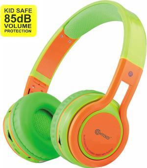 Contixo KB-2600 Kid Safe 85dB Over The Ear Foldable Wireless Bluetooth Headphone with Volume Limiter, Built-in Micro Phone, Micro SD Card Music Player, FM Stereo Radio, Green + Orange