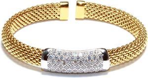 Gold over Sterling Silver Cubic Zirconia Bar Faceted Flexible Diamond-Cut Mesh Cuff Bracelet 6.25"