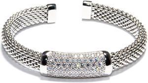 Sterling Silver Cubic Zirconia Bar Faceted Flexible Diamond-Cut Mesh Cuff Bracelet 6.25"