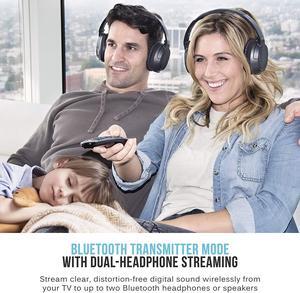mee audio connect hub universal dual headphone and speaker bluetooth audio transmitter and receiver for tv with aptx low latency, optical and analog passthrough, extended range, and volume boost