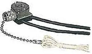 Cooper Wiring, 458NP-BOX, Pull Chain Switch, Single Pole On-Off; 1A-125V T, 3A-125V, 1A-250V; With Two 6 Inch Black Leads 18 Awg Awm Tew 105C 600V, Stripped 1/2 Inch