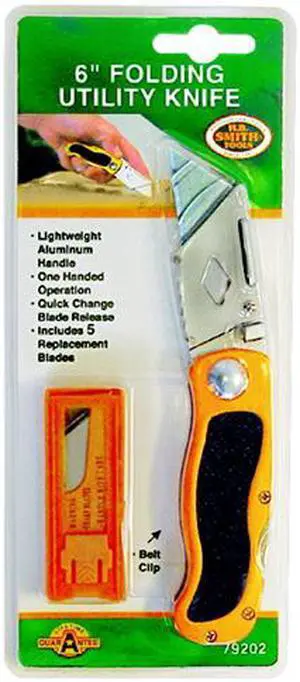 H.B. Smith Tools, 79202, 1 Folding Utility Knife 6", Quick Change Blade, 5 Blades, ASSTD Colors