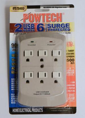 Powtech, PT-7846U, White, 6 Outlet, 900 Joules Surge Protector Tap, With 2 Port USB Charger