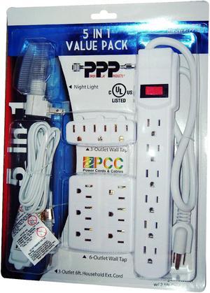 Power Play Products PPP 5-in-1 Wall Tap, Surge, Extension, Light Value Pack