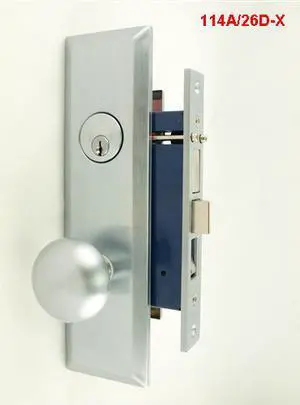 Maxtech (Marks 114A/26D-X Like), Satin Chrome 26D, Left Hand, Wide Face Plate, Heavy Duty Mortise Entry Lockset, Screwless Knobs Thru Bolted Lock Set