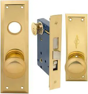 Em-D-Kay (Marks 91A/3-X Like) 5100XL, Polished Brass, Left Hand, Wide Face Plate, Heavy Duty Mortise Entry Lockset, Surface Mounted Screw-on Knobs Lock Set