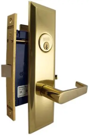 Marks Metro 116DW/3, Polished Brass Right Hand Mortise Lock Angled Lever Escutcheon Plate Vestibule Function Latch Only 2-1/2" Lock Set, Screwless Angled Lever Thru Bolted Lockset