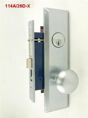 Maxtech (Marks 114A/26D-X Like), Satin Chrome 26D, Right Hand, Wide Face Plate, Heavy Duty Mortise Entry Lockset, Screwless Knobs Thru Bolted Lock Set